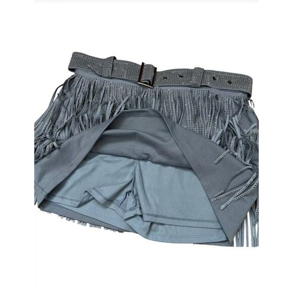 Nylon Apparel Rhinestone Fringe Mini Skort Skirt Gray Blue 1XL Taylor Festival - Picture 4 of 9